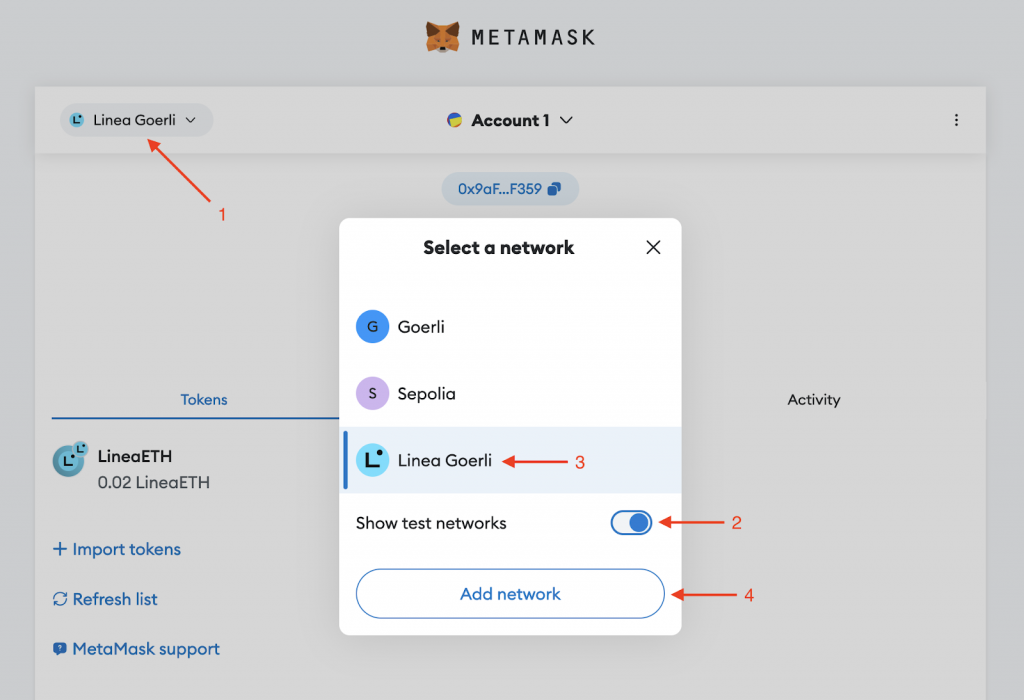 Clicking on the MetaMask network option and then adding the Linea Goerli testnet