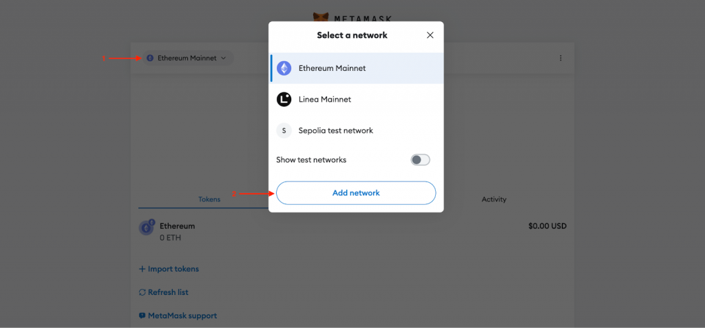 Add Network Button on the MetaMask Module