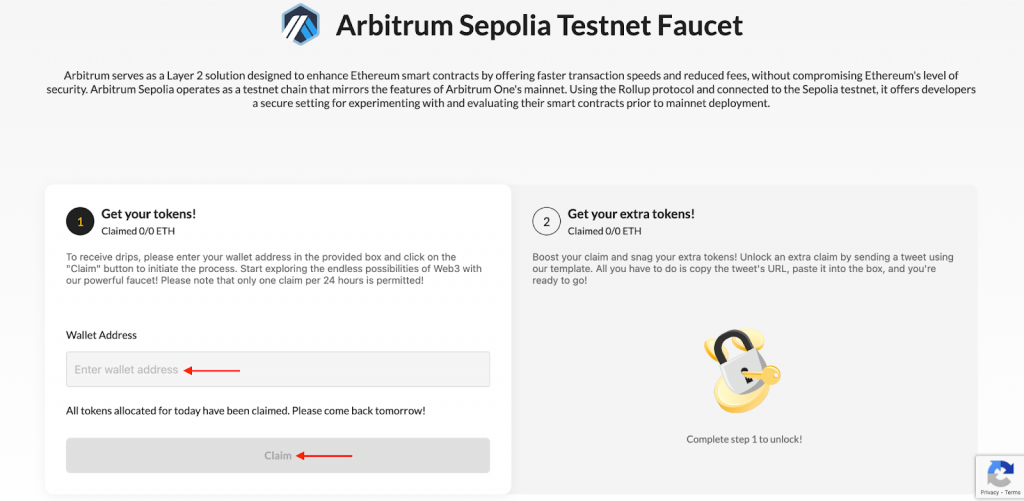 Arbitrum Sepolia Faucet with entry fields