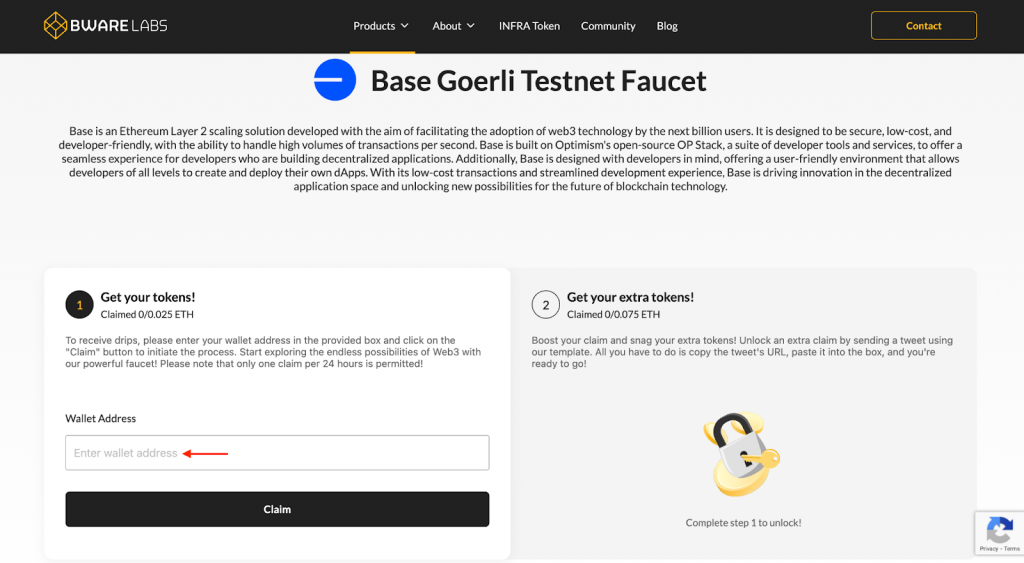 Base Goerli Faucet Page - Adding MetaMask Address for Tokens