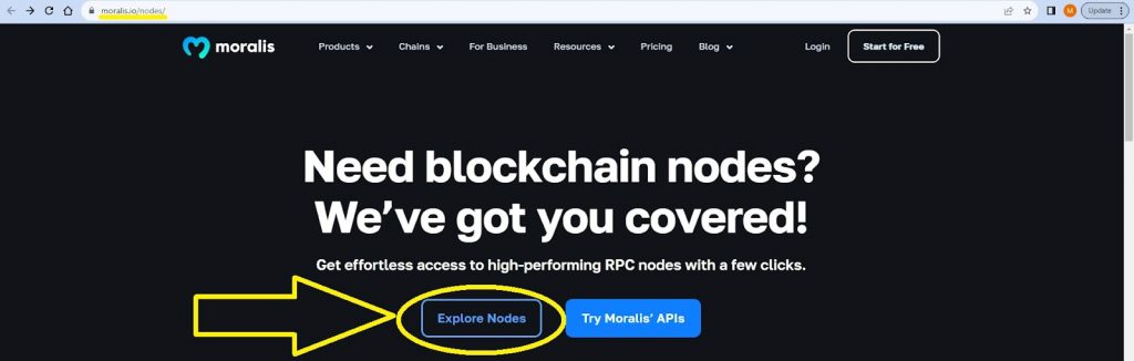Blockchain Nodes page with arrow showing how to access the page