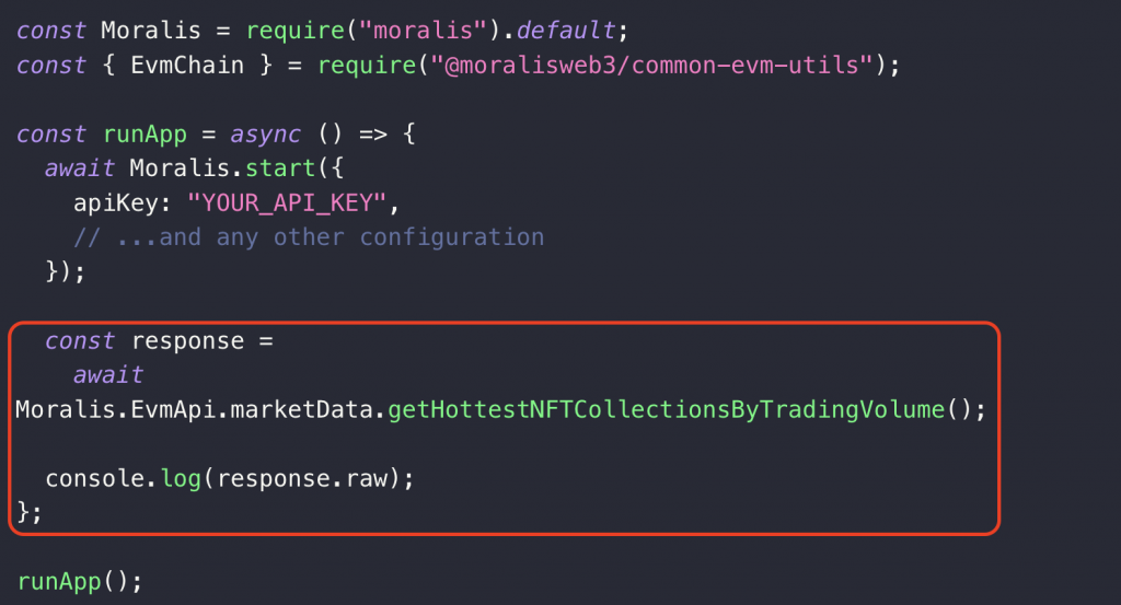 Code editor showing how to call the getHottestNFTCollectionsByTradingVolume() endpoint and log the response- 