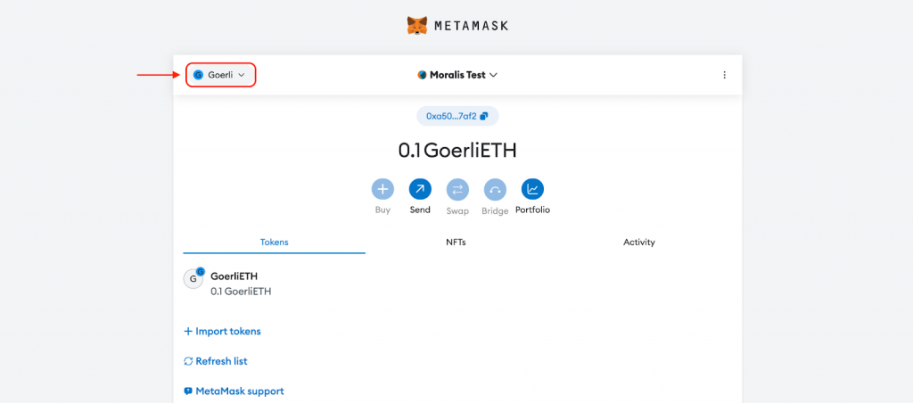 Confirmation message in MetaMask that we are on the Goerli testnet