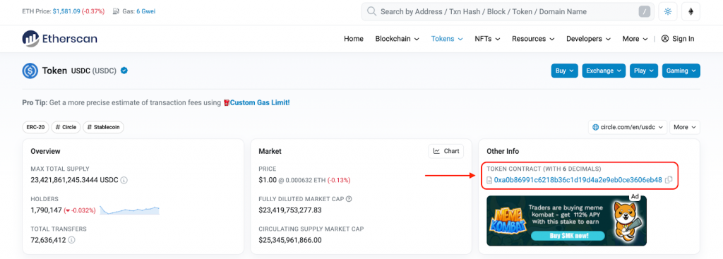 Copying the ERC20 token address on Etherscan