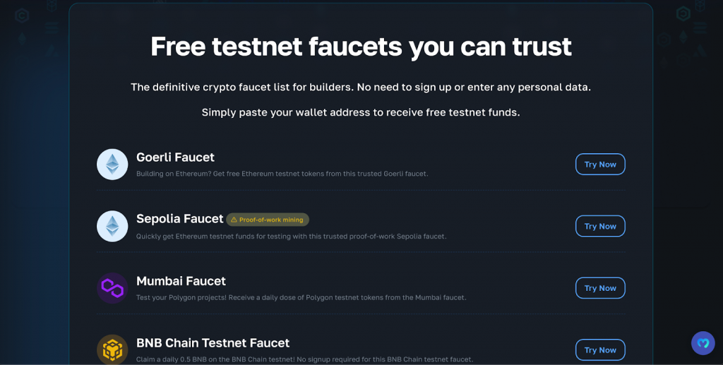 Moralis Testnet Faucet Page showing multiple testnet faucets to get funds without having to pay