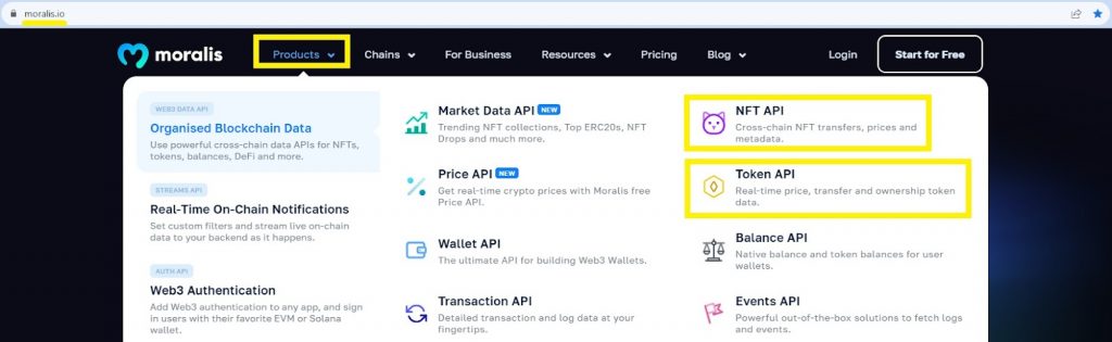 NFT API and Token API product pages on Moralis