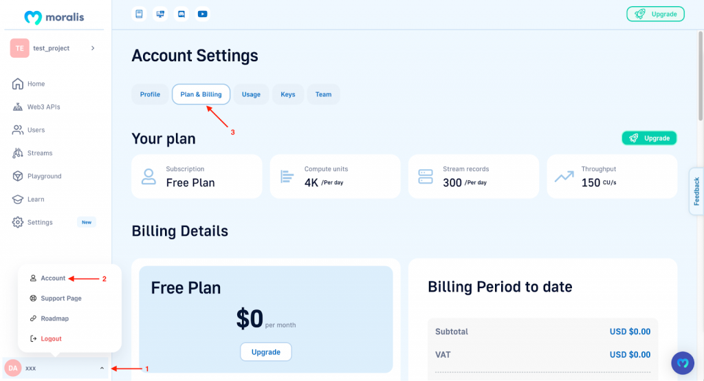 Plan and Billing Section for the Market Data API