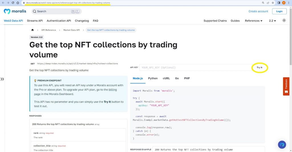 The getHottestNFTCollectionsByTradingVolume() endpoint’s reference page