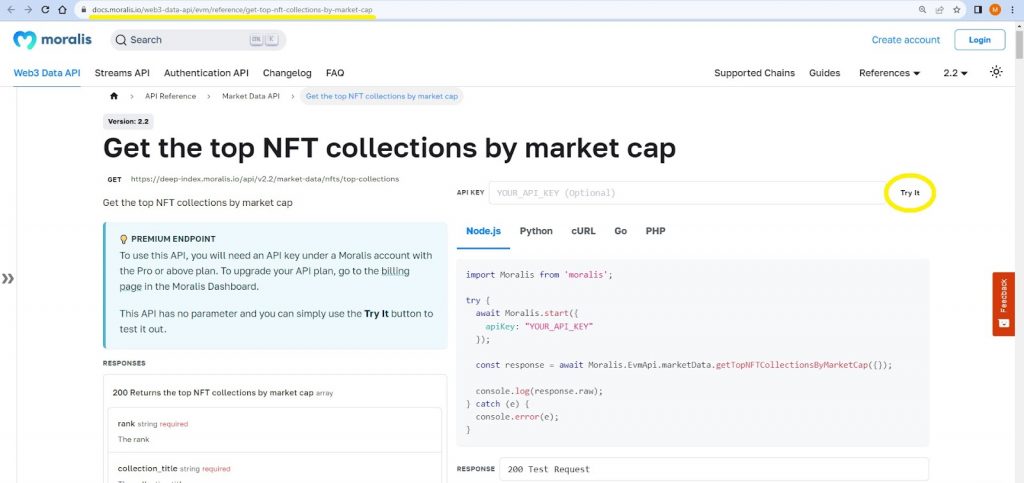 The getTopNFTCollectionsByMarketCap() endpoint’s reference page
