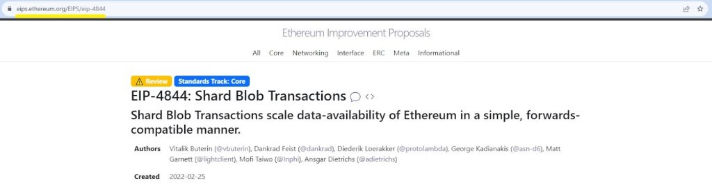 eips.ethereum.org subdomain showing information related to EIP-4844