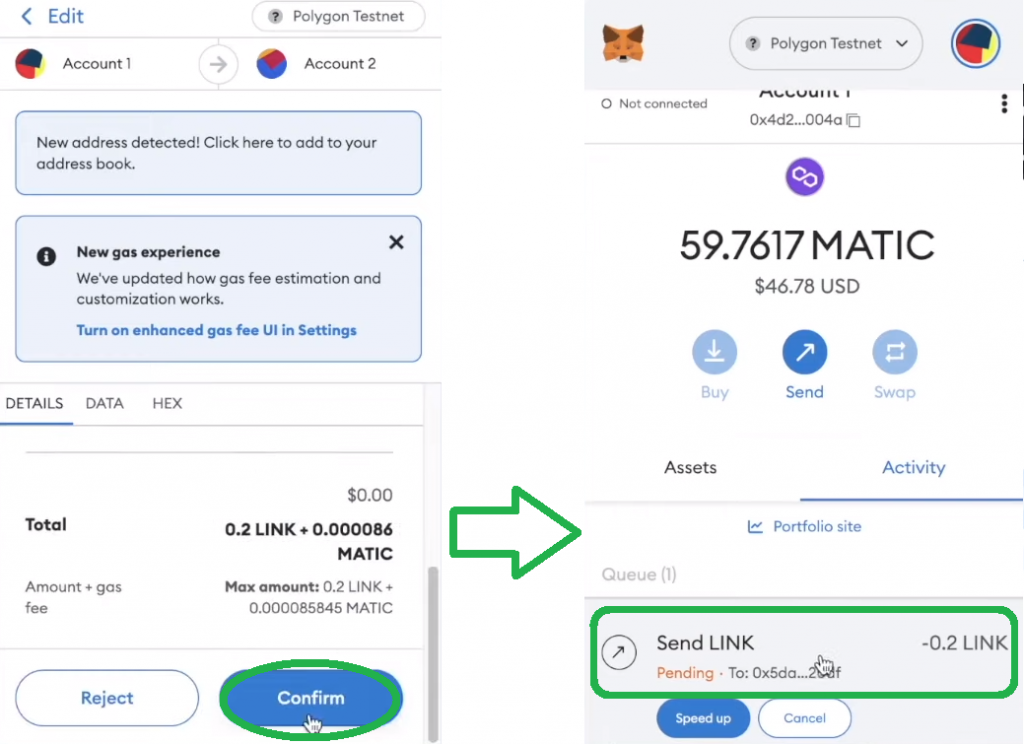 example transaction of Chainlink (LINK) tokens on the Mumbai testnet
