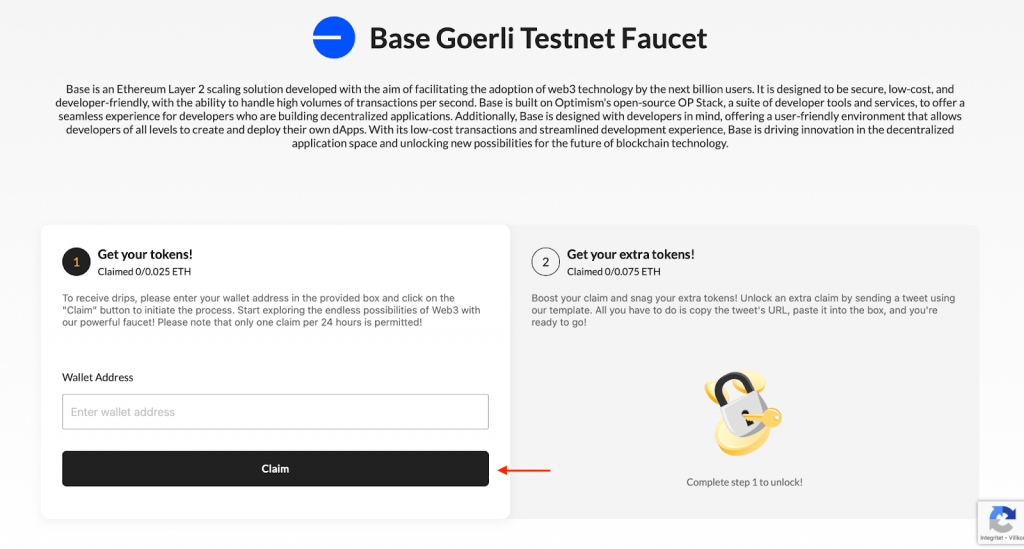 Base Testnet Faucet landing page with the Claim button