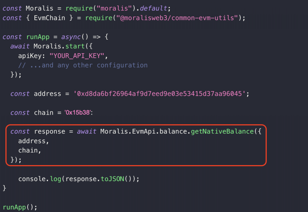 Code block showing how to call the getNativeBalance() endpoint using the Chiliz API