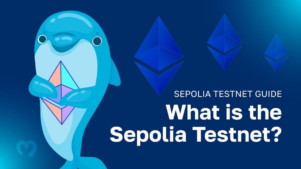 Ethereum marketing art image - Sepolia Testnet title with Dolphin mascot