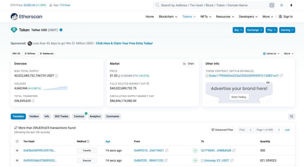 Etherscan block explorer showing total supply, number of holders, transfers, prices, market caps, and information about underlying smart contracts