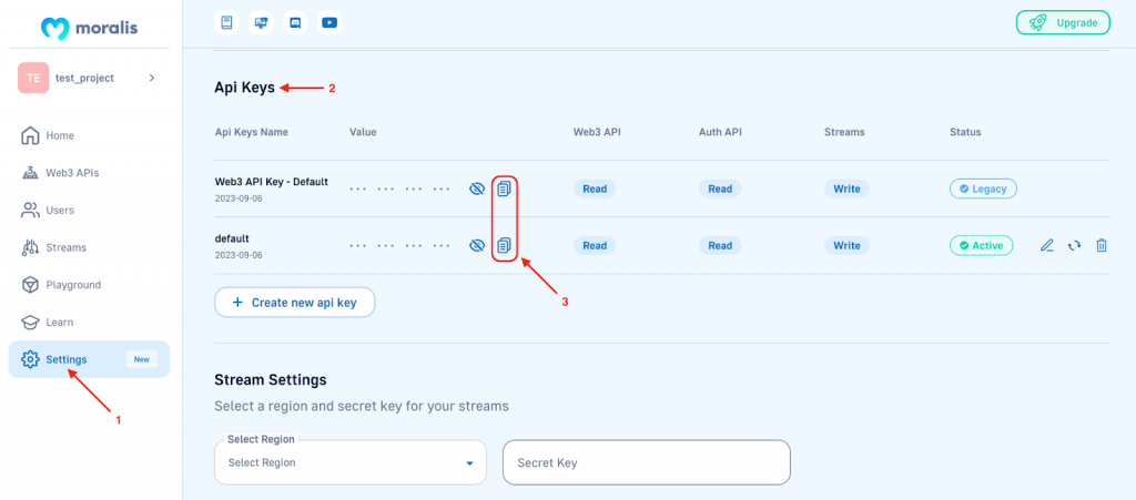 Moralis Wallet API Admin UI - Showing How to Copy API Key