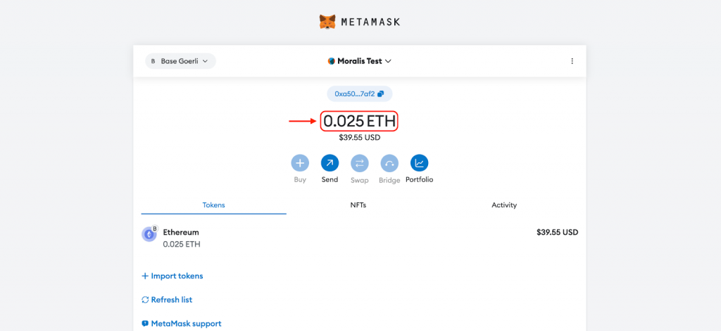 Showing successful deposit of Base funds in MetaMask wallet