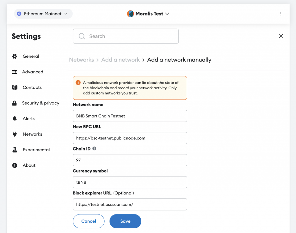Adding the BSC network details in metamask