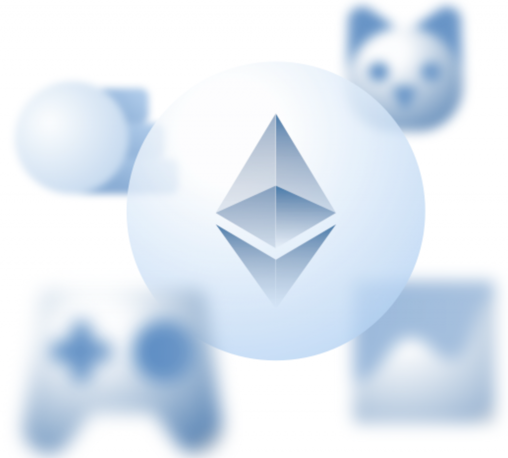 Ethereum logo with blockchain components like faucets and testnets in the background