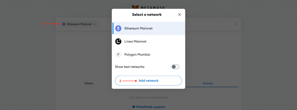 Select, add, and switching to testnet in metamask