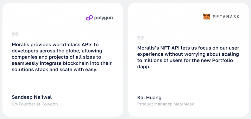 Testimonials from Polygon and MetaMask for using Moralis as their DeFi Dapp Development Provider
