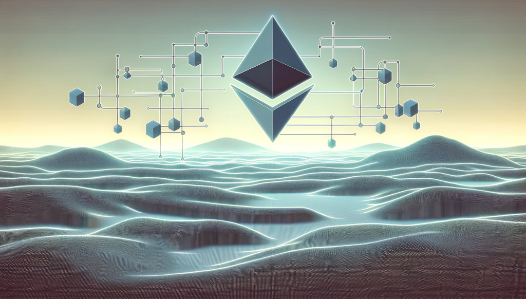 Art illustration depicting the Ethereum logo on top of a smart contract ABI