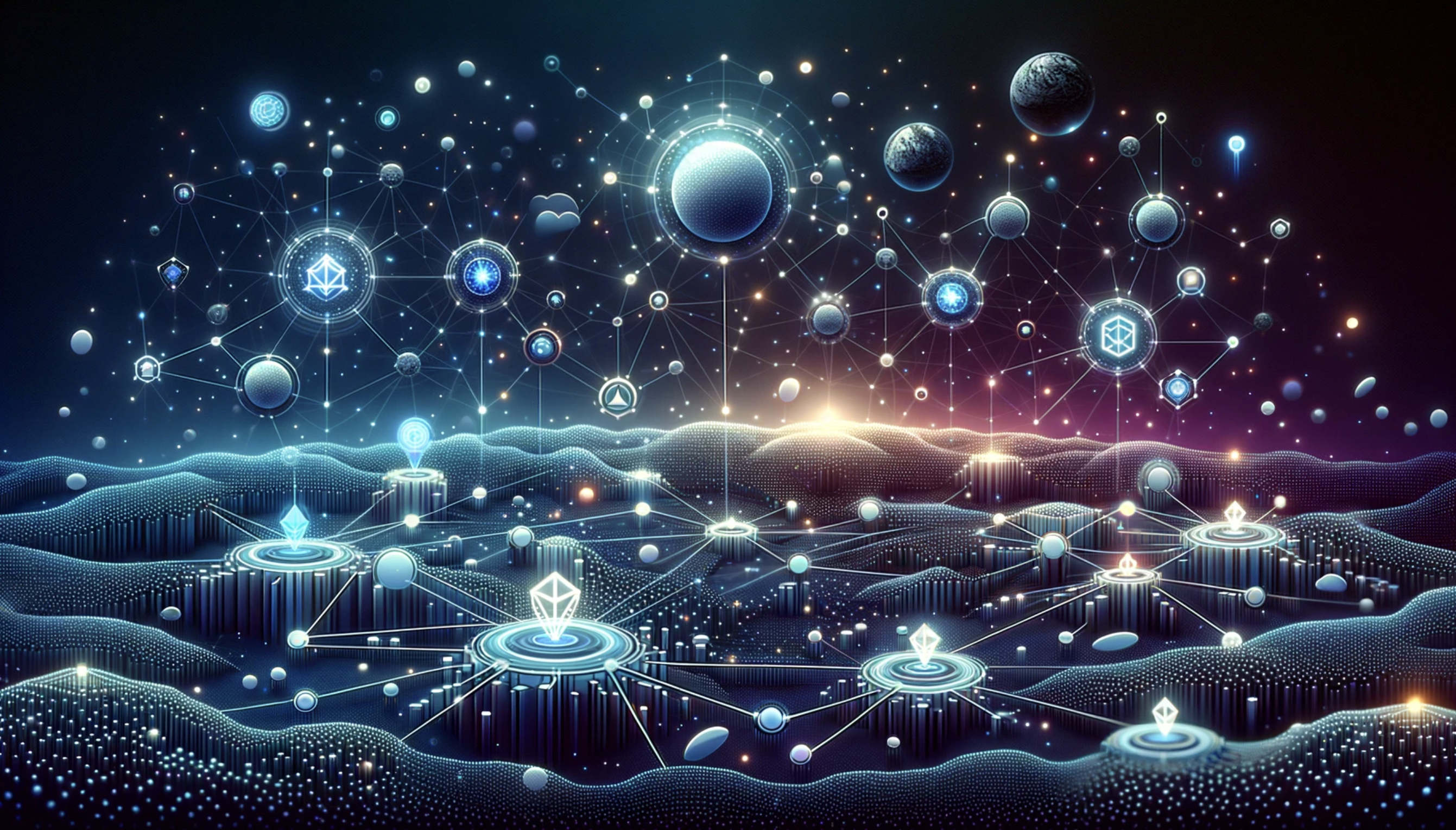illustrative art image - showing the Cosmos ecosystem, depicted as a universe, with blockchain components