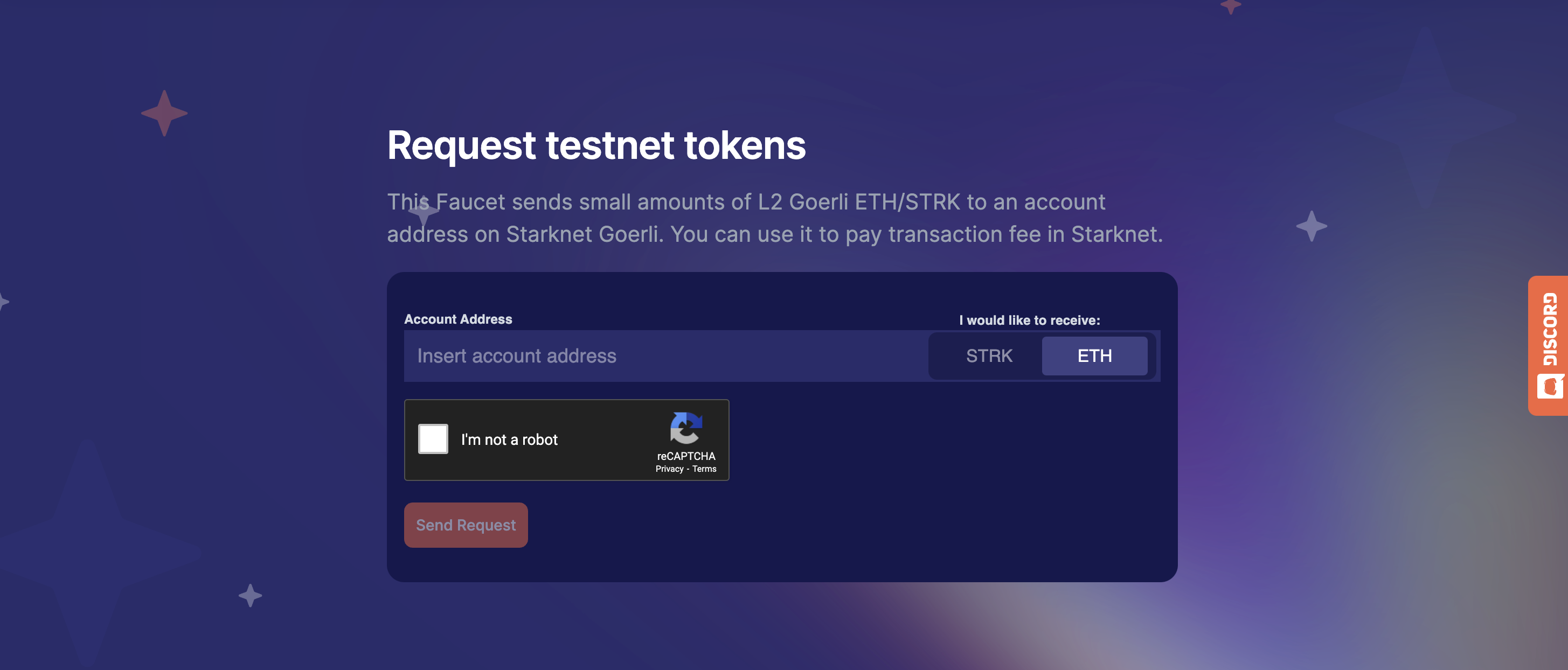 Starknet faucet landing page with address field and get Starknet funds button