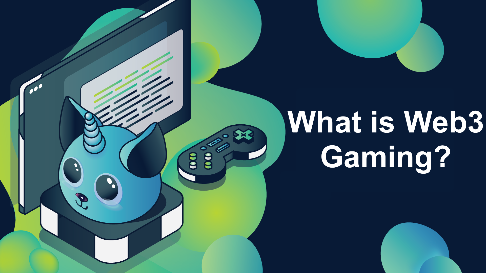 Graphic art illustration - Title stating What is Web3 Gaming? Blockchain gaming components on the left