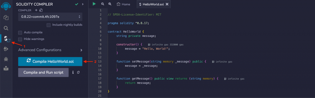 Showing Remix’s ”Solidity compiler” feature