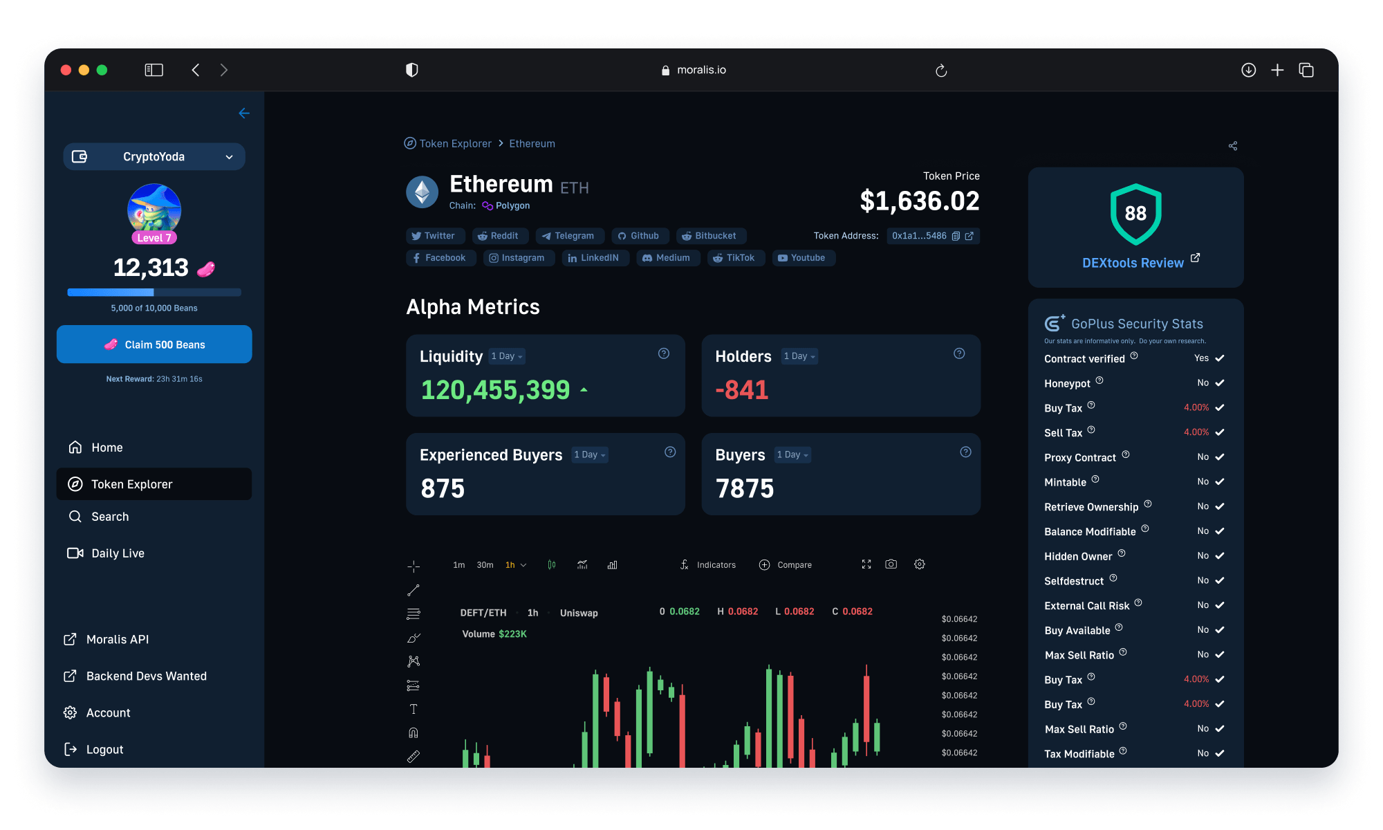 Moralis Money UI Example - Showing what data you can query Ethereum with using Moralis