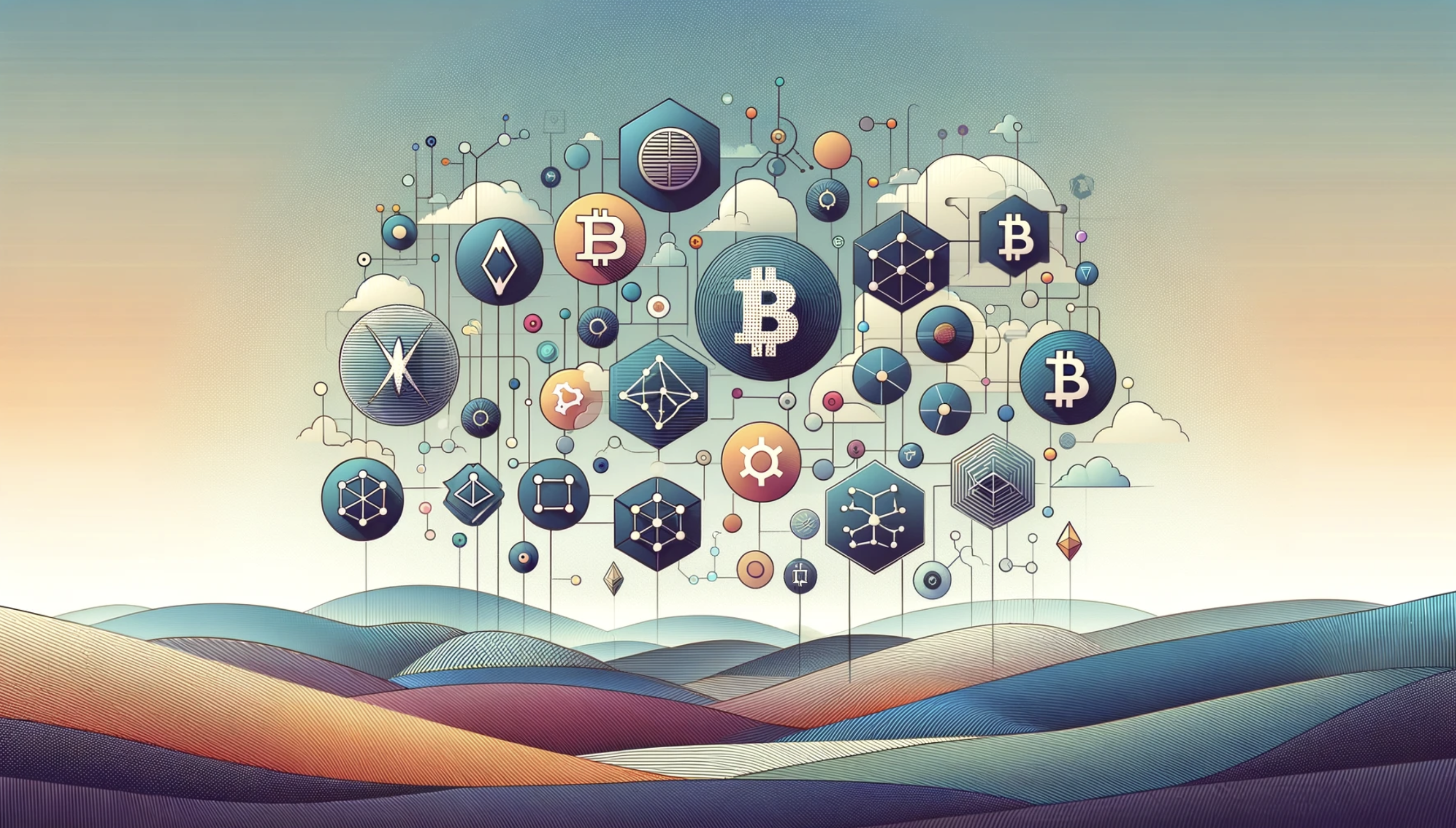 Graphic art illustration - showing multiple token logos in the crypto space