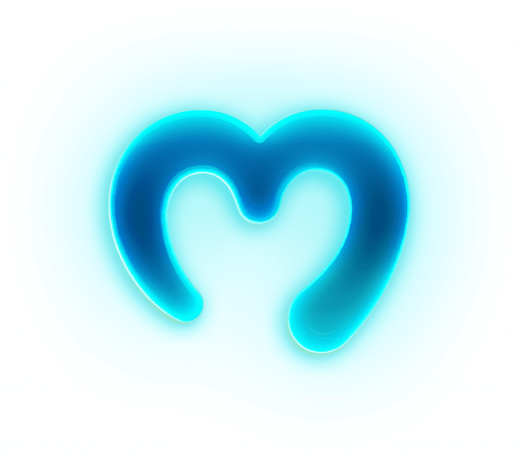The Moralis M logo lit up with blue neon colors.
