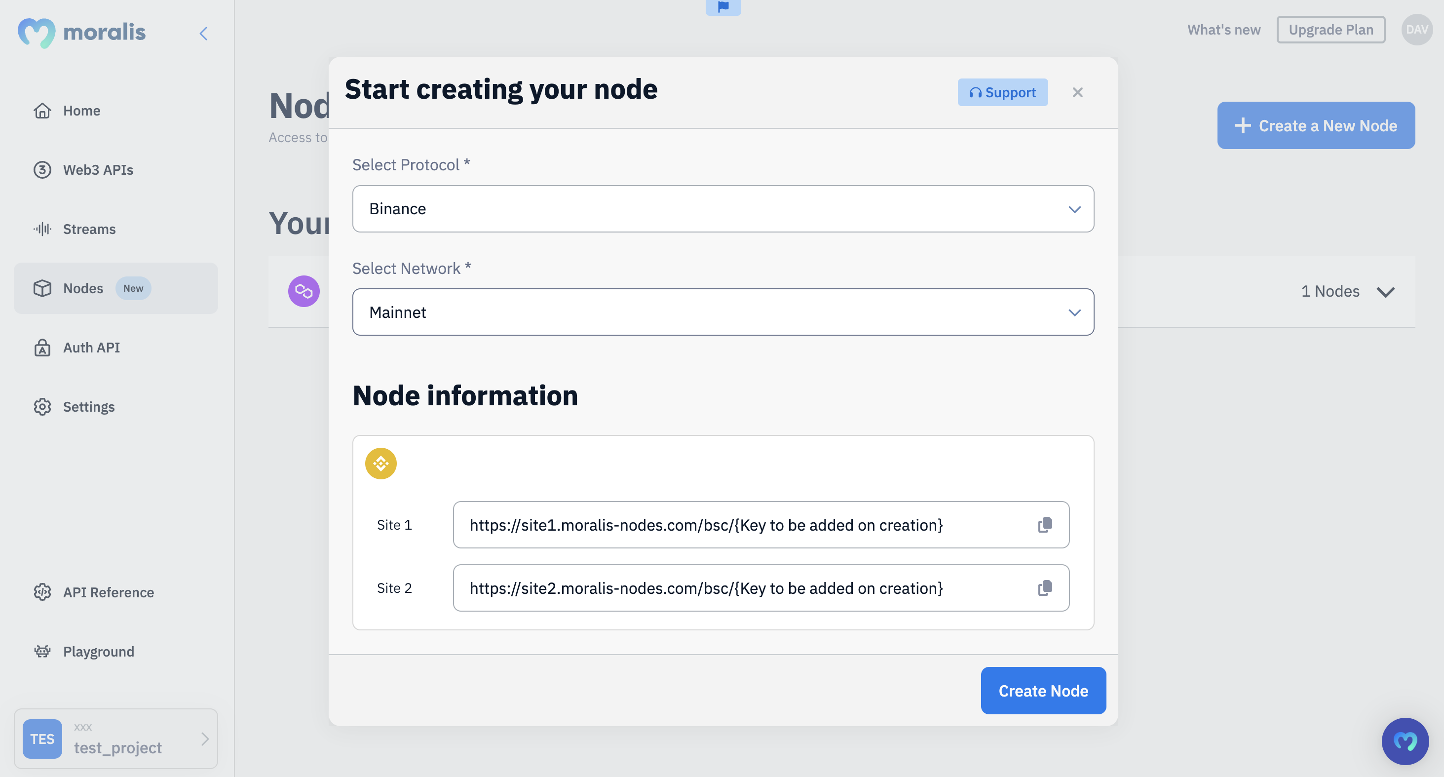 Select ”Binance" followed by ”Mainnet” and hit the ”Create Node” button: 