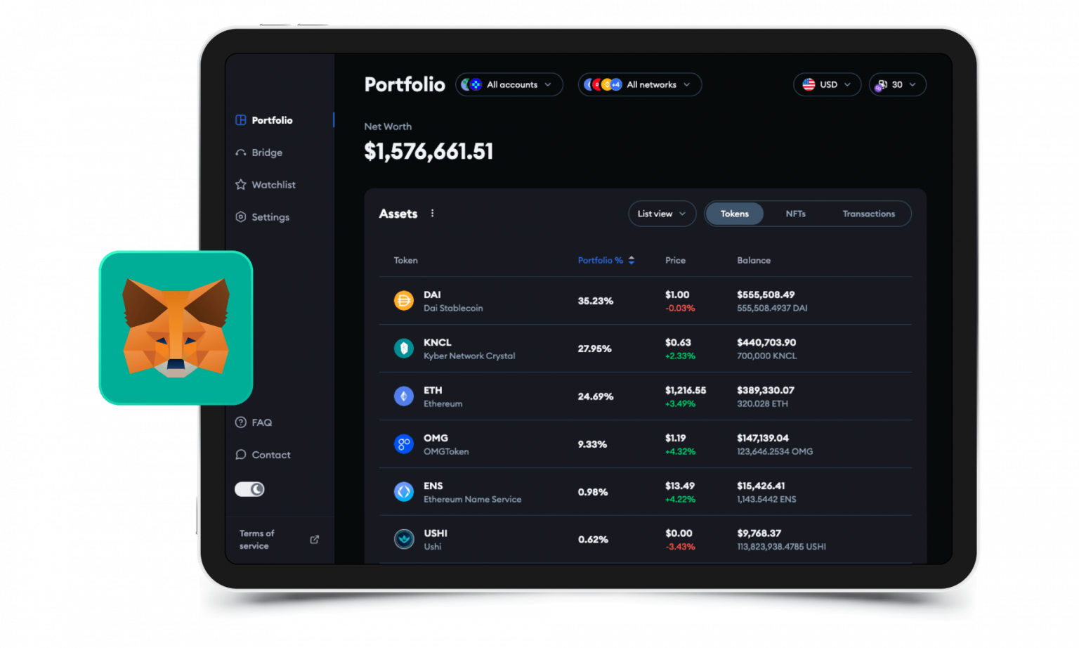 Portfolio tracker app example and token logo use cases