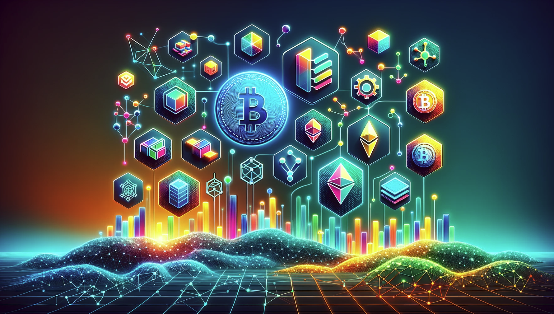 Showing crypto icons in an illustrative art picture