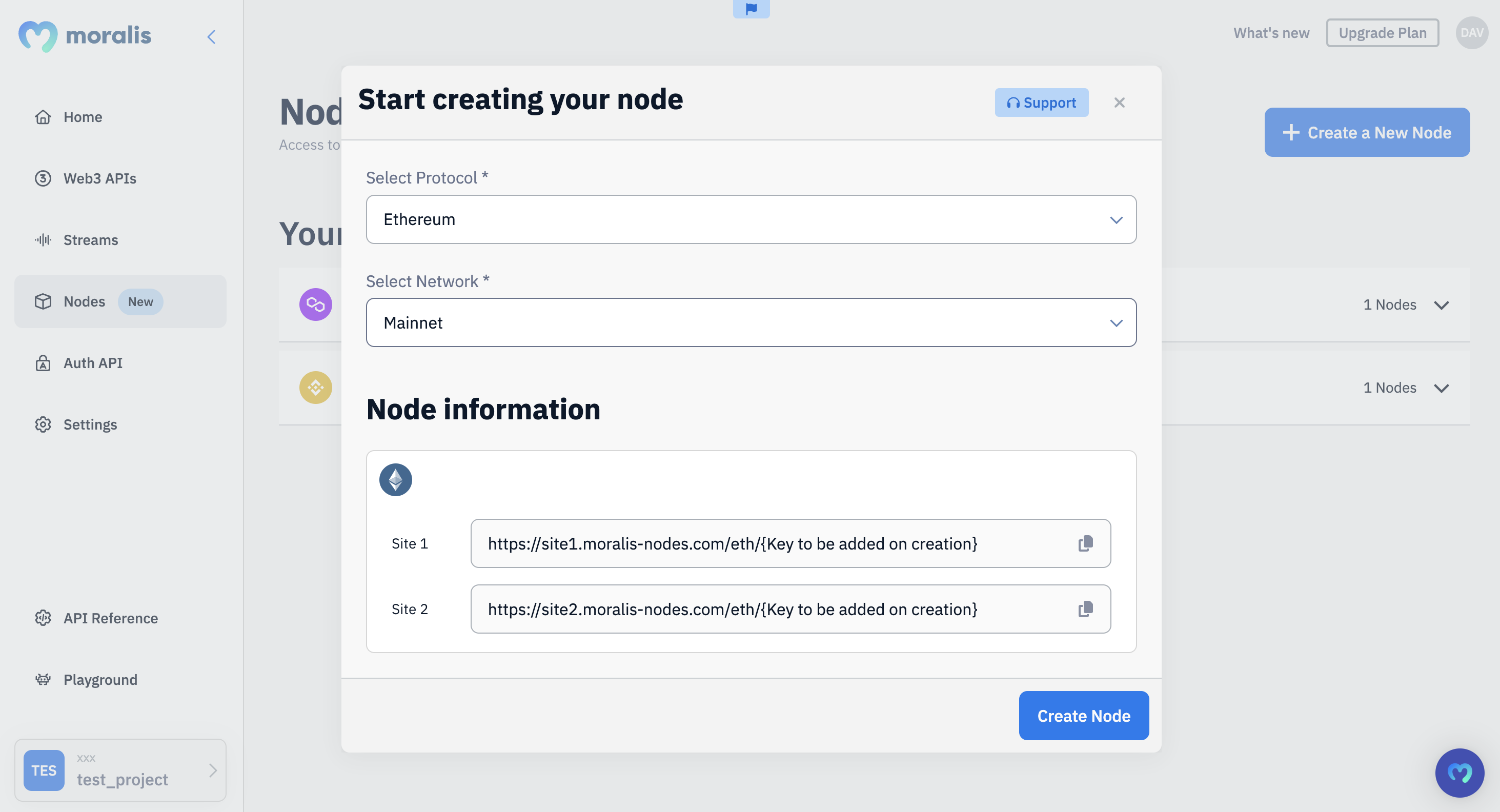Selecting ”Ethereum” followed by ”Mainnet” and hitting the ”Create Node” button
