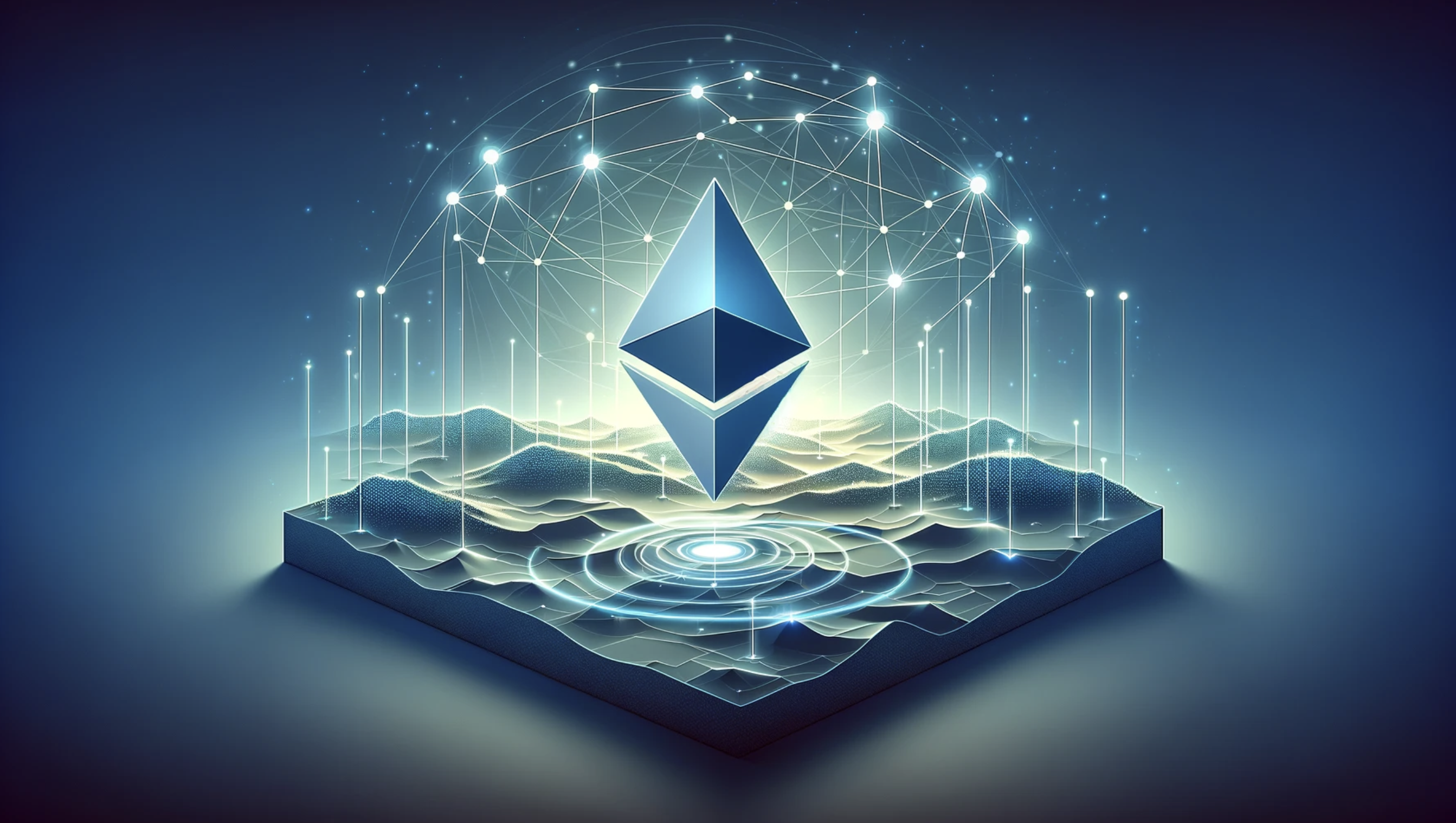 Ethereum node art illustration - showing an Ethereum logo hovering a blockchain network