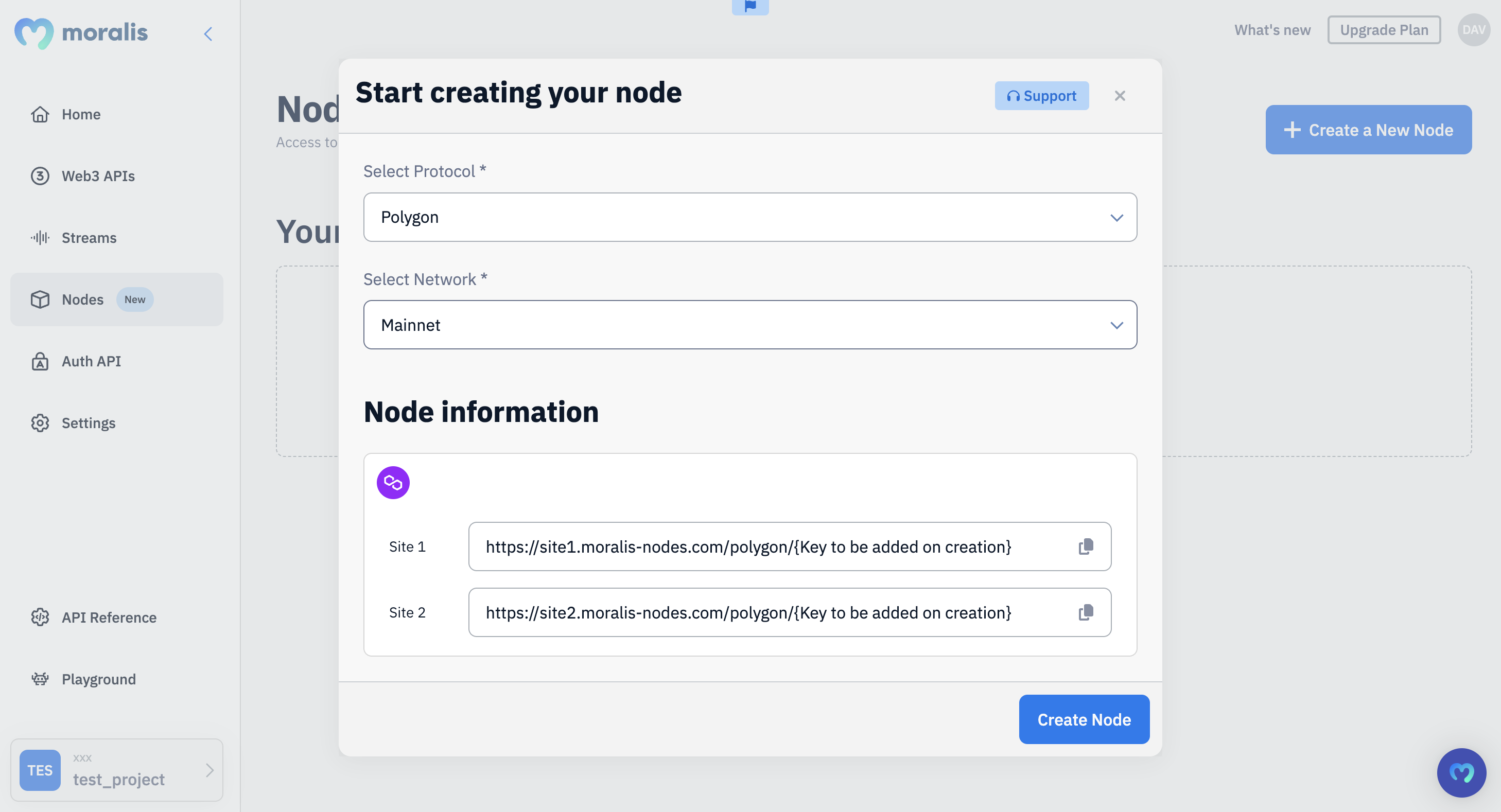 Start Creating Your Node Module - Showing the required parameters, including the Polygon Network parameter, and the create node button