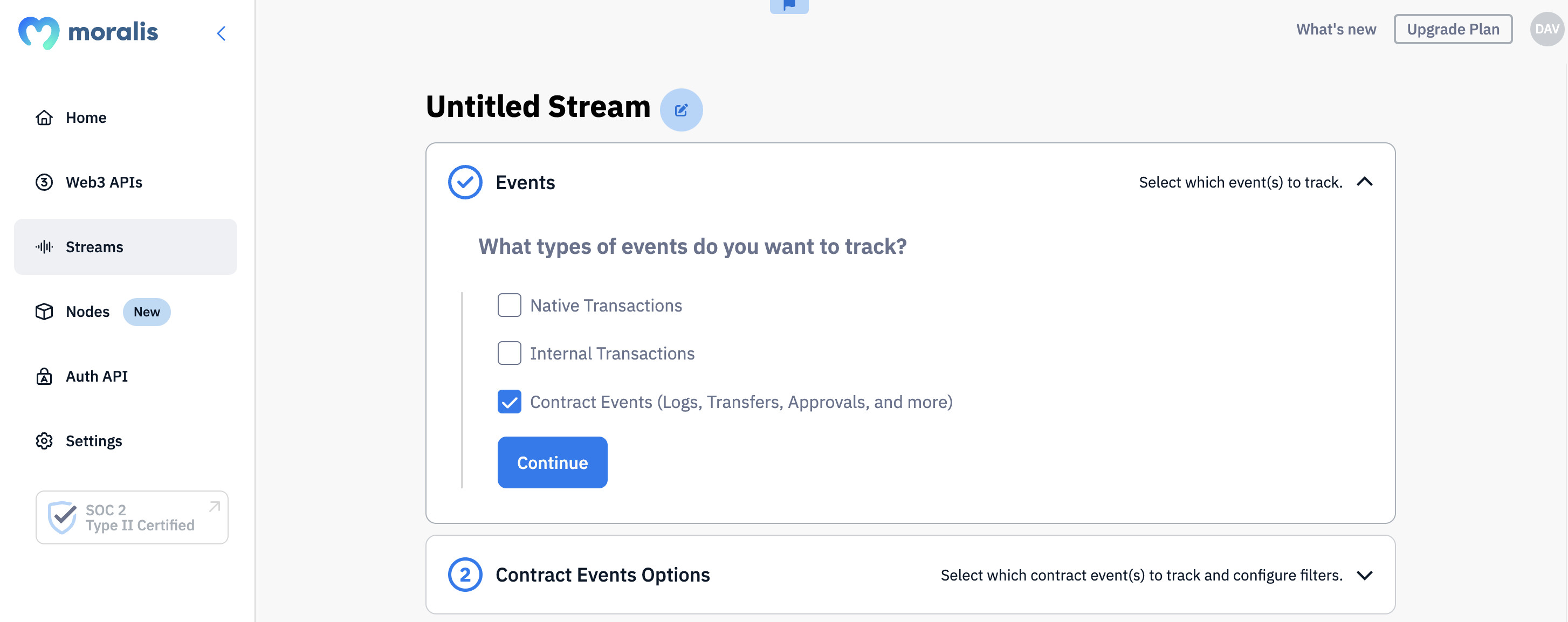 Step 2 - Name your stream and select the types of events you wish to monitor. In our case, we’ll simply choose ”Contract Events”: 