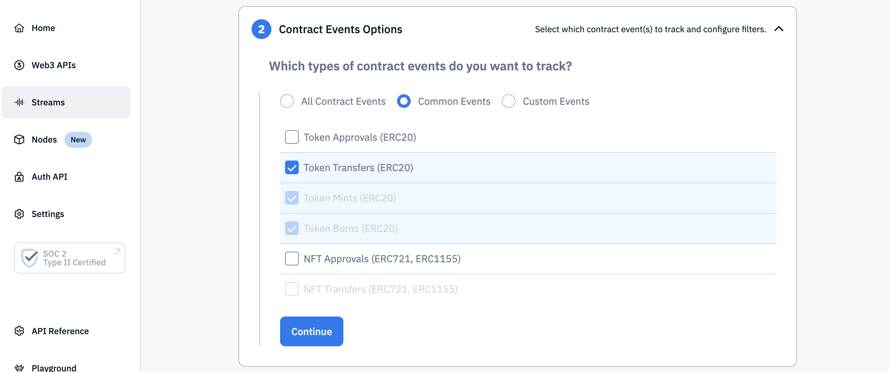 Step 3 - Specify what contract events you want to track. For this tutorial, we’ll choose ”Common Events” followed by ”Token Transfers”: 