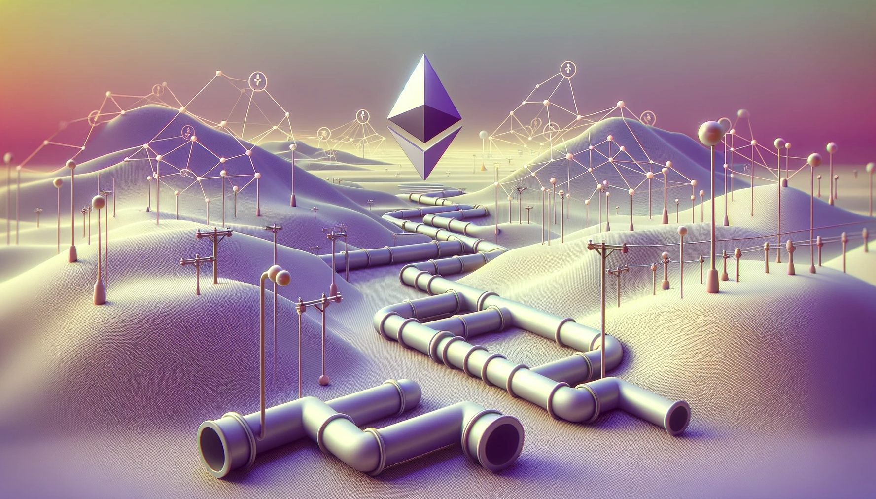 Illustrative art image - showing a landscape with pipes and a blockchain network in the background, illustrating Alchemy Pipelines