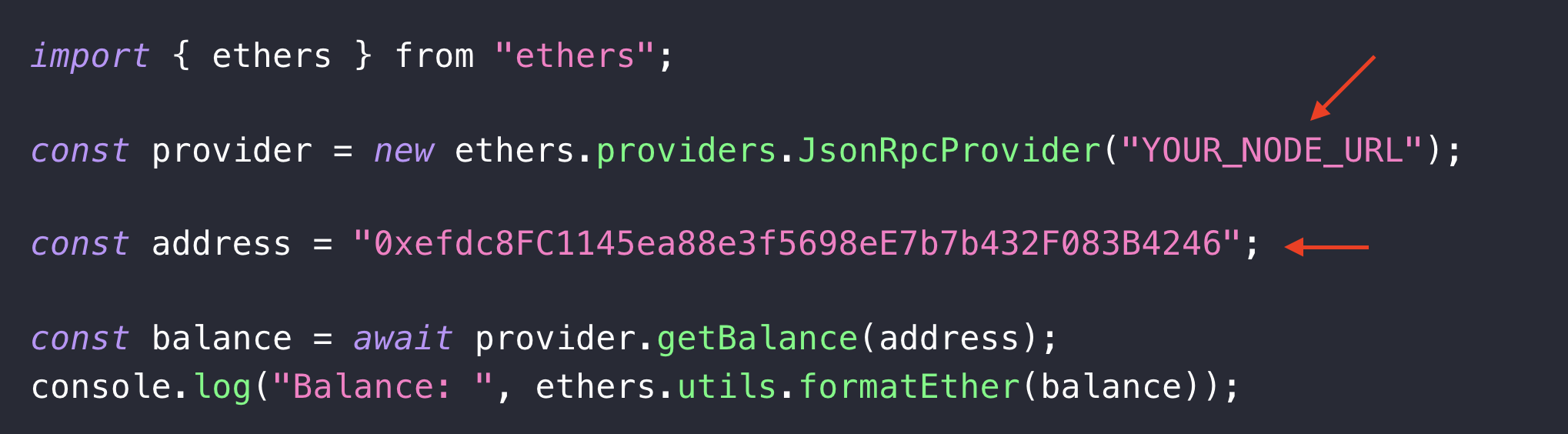 Arrows pointing at provider and address parameters for configuring Avalanche nodes code.