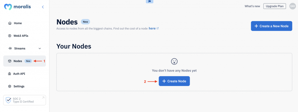 Instructions for how to create a node with Moralis UI.