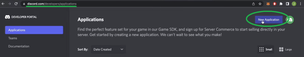 "New Application" button highlighted Discord.