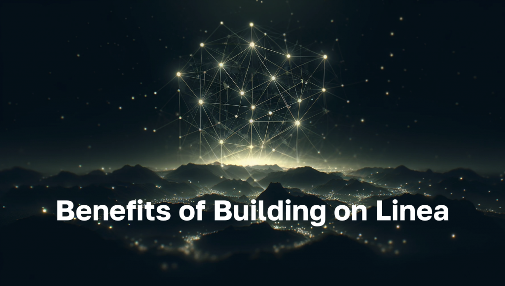 Blockchain nodes with text: "Benefits of Building Dapps on Linea."