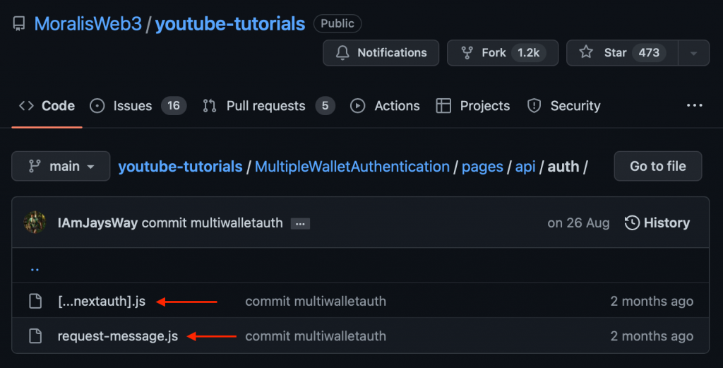 Arrows pointing to two files in GitHub repo.