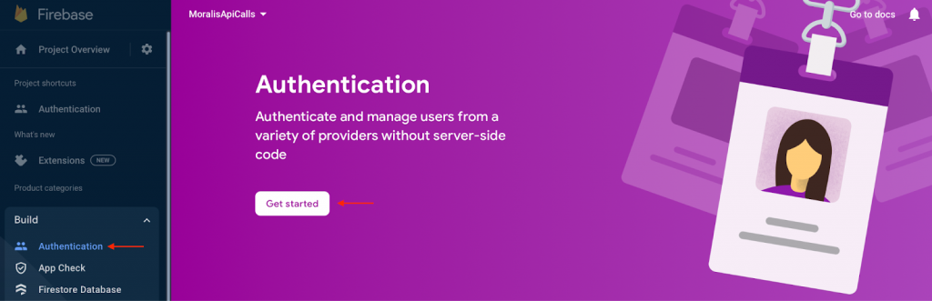 Arrow pointing at "Get started" for Firebase authentication. 