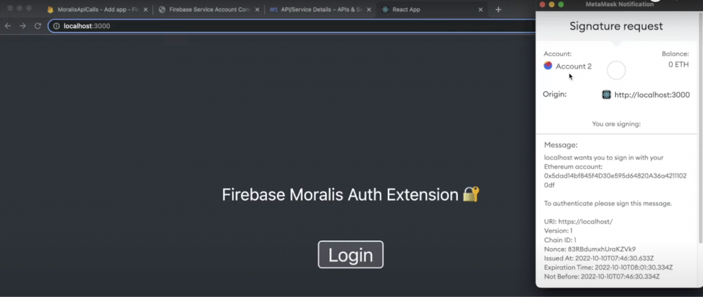 Firebase login with MetaMask signing a message.