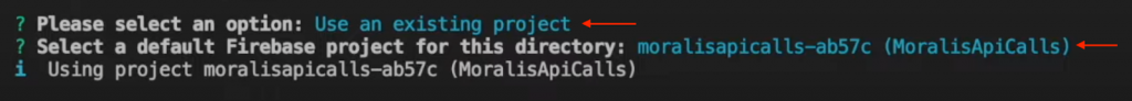 Arrow pointing at "Use an existing project" in terminal.